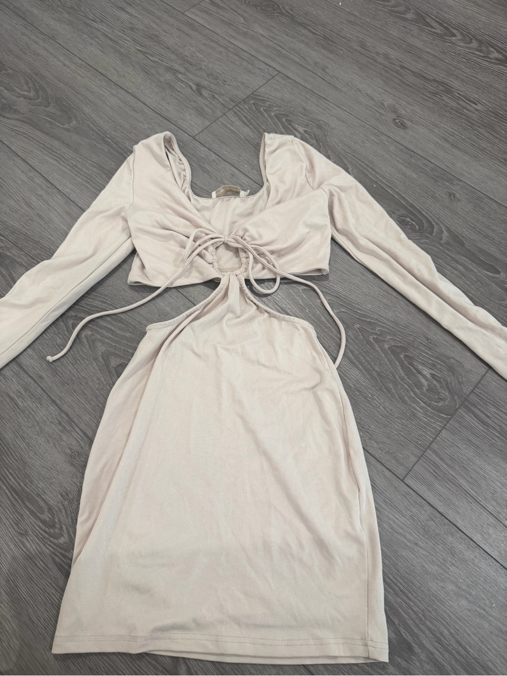 Long Sleeve Cutout Mini Dress in Light Beige